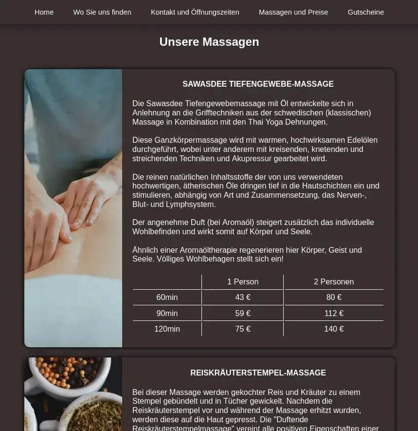 tablet website for a massage parlor